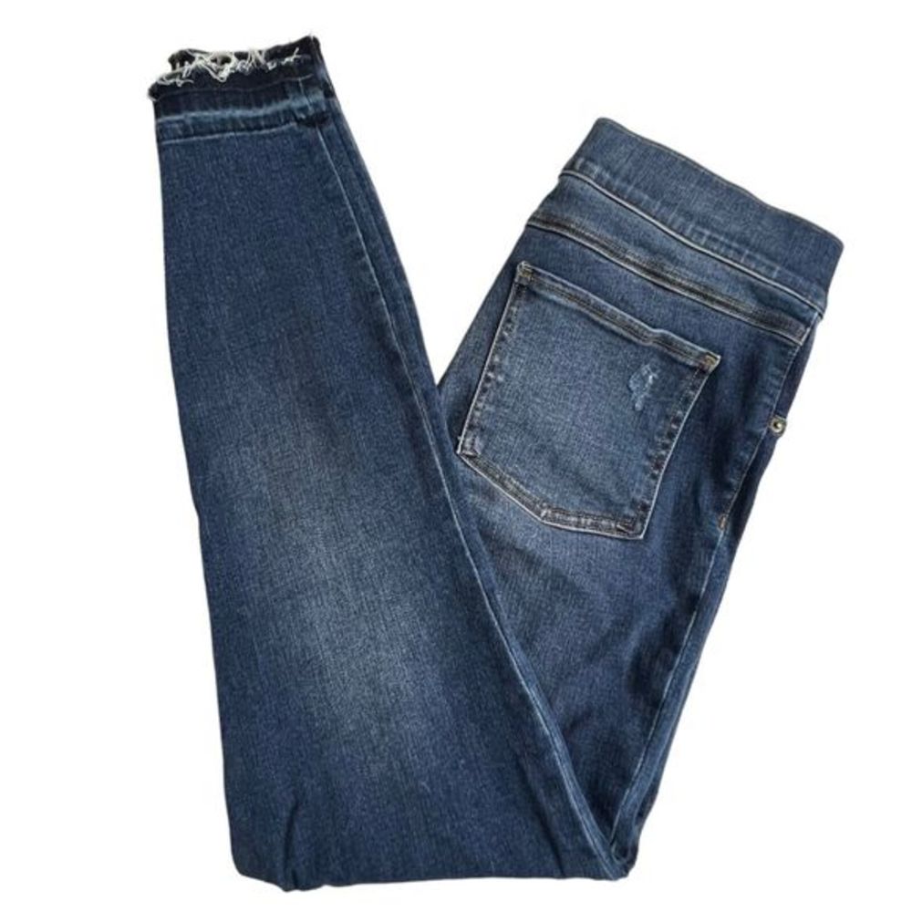 Spanx Womens Dark Wash Mid Rise Elastic Waist Pull on Raw Hem Skinny Jeans Small